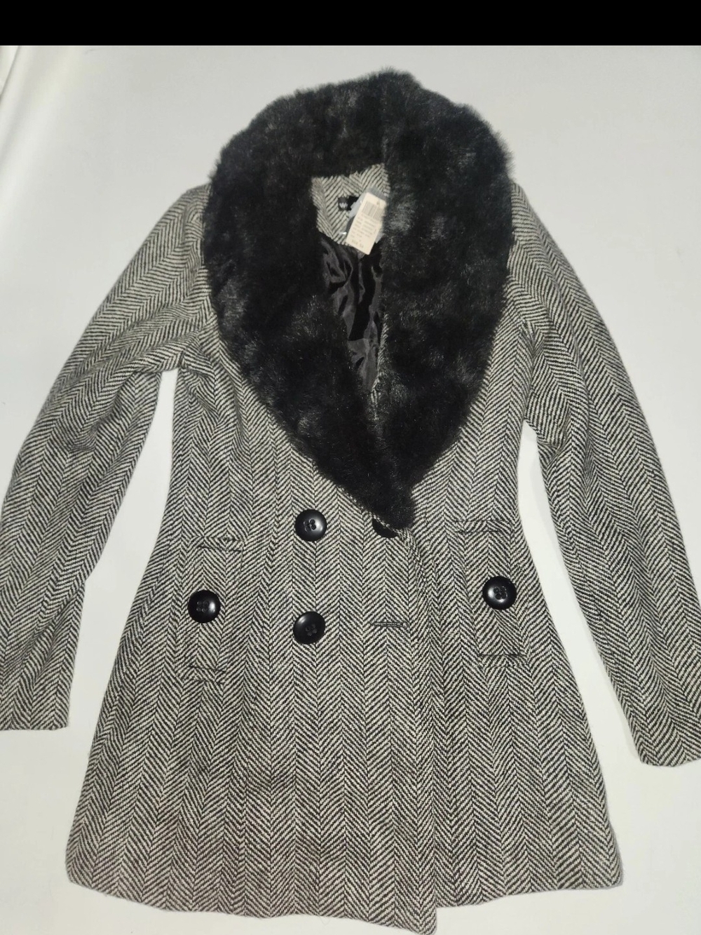 Wet Seal Black & White Herringbone Pea Coat with Faux Fur Collar